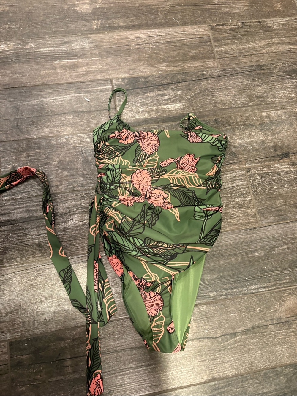 Girls Green Floral One-Piece Swimsuit with Pink Accent